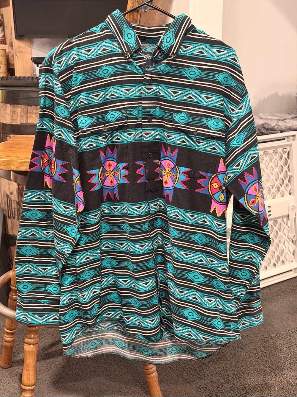 Wrangler Southwestern Button-Down Shirt in Teal, Black and Pink Accent